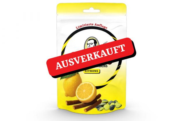 Eine Packung Caruso Hustenbonbons Zitrone, Bonbons mit Zitronengeschmack und Lakritze, mit der Aufschrift "Limitierte Auflage". Ein rotes Banner quer über der Packung lautet "AUSVERKAUFT.
