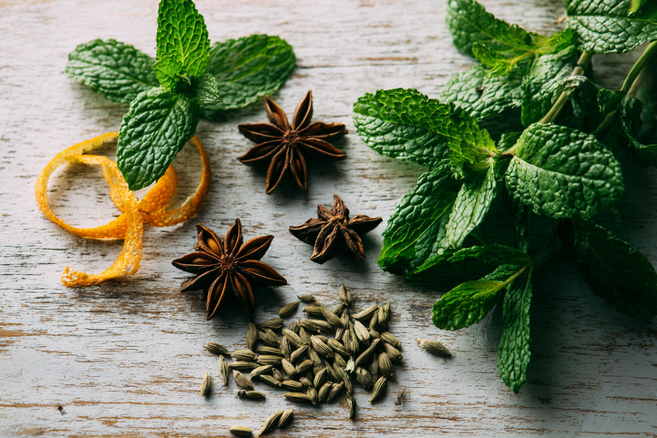 Zweige frischer Minze, Sternanis, Fenchelsamen und Orangenschalen - arrangiert auf einer rustikalen Holzoberfläche - setzen unsere Produktneuheiten in Szene und verleihen ihnen einen natürlich inspirierten Touch.